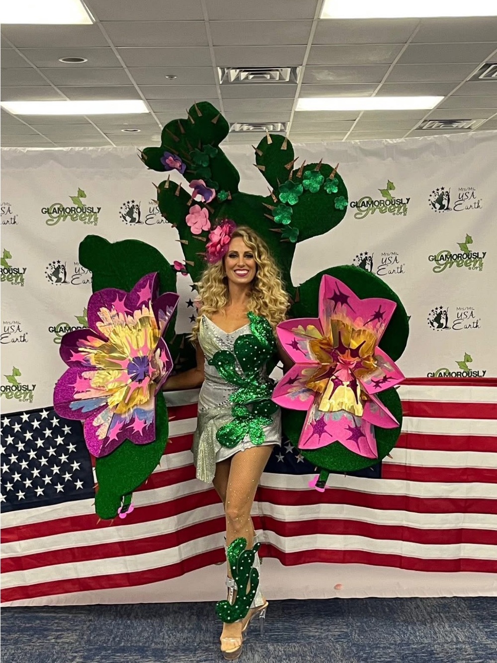 Transforming Southwest costume- Green Glitter Fabric cactus with Pink Flowers